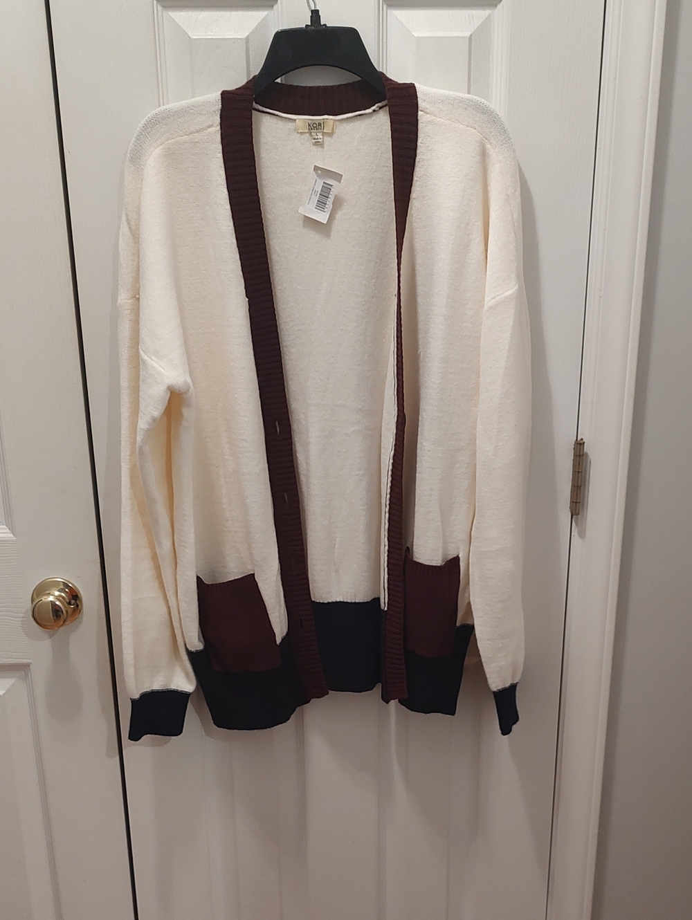 NWT Women's Kori Cream Cardigan with Burgandy and Blue Trim